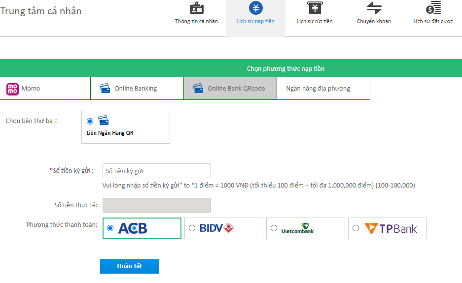 Nạp tiền 868h bằng online banking QR code
